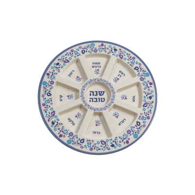 Prato cerâmico redondo com compartimentos e decoração floral azul e roxa