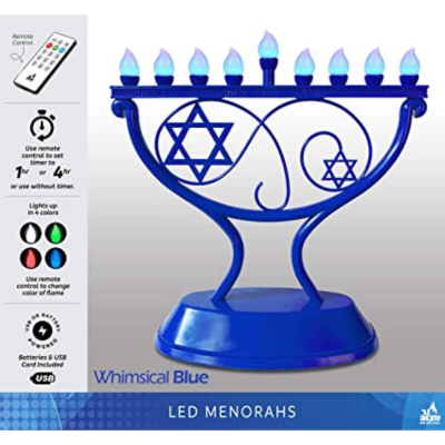 Candelabro menorá azul LED com luzes em chama azul e controlo remoto.