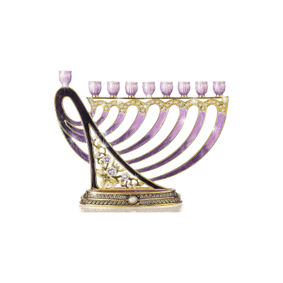 Menorá decorativa dourada com esmalte lilás e flores brancas