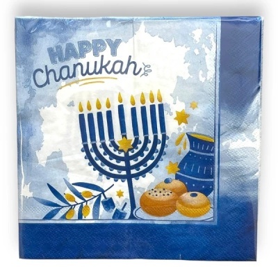 Guardanapo com ilustração de menorá e texto Happy Chanukah