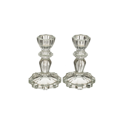 Par de castiçais em cristal transparente com base facetada