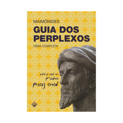 Capa do livro Guia dos Perplexos de Maimónides com fundo amarelo e busto em cinza
