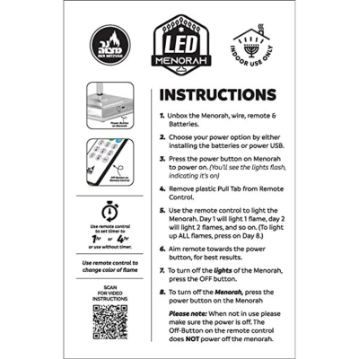Instruções de uso Menorah LED com controlo remoto e ícones de bateria e USB
