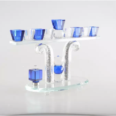 Castical em vidro transparente e azul com seis suportes para velas e base oval