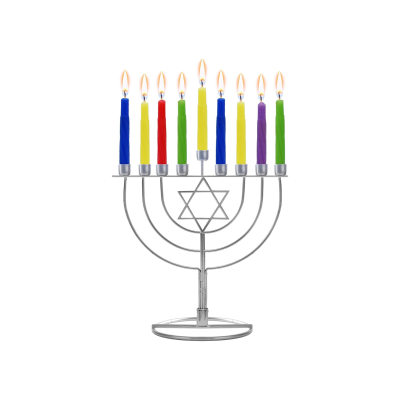 Castiçal de Hanukkah prateado com velas coloridas acesas