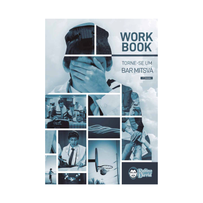 Capa de livro WORK BOOK TORNE-SE UM BAR MITSVÁ com imagens de jovem e basquetebol em azul e branco.