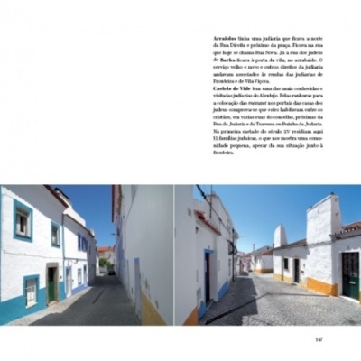 Página de livro com fotografias de ruas tradicionais e texto em português