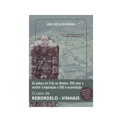 Capa de livro com pedra antiga e texto sobre judaísmo em Trás-os-Montes