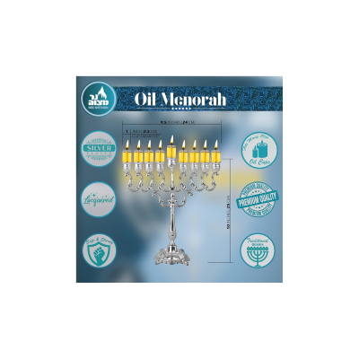 Candeeiro menorá prateado com 9 velas amarelas em fundo azul com etiquetas