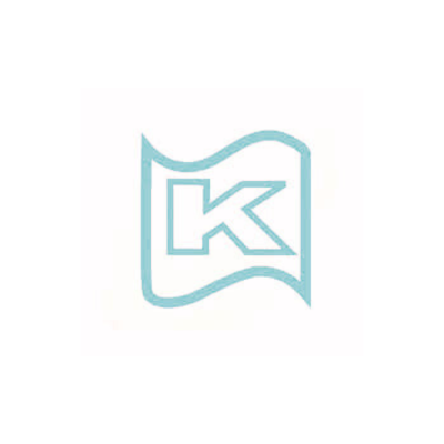 Logotipo com a letra 'K' dentro de uma bandeira azul