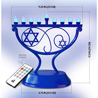 Menorá azul com luzes e controlo remoto