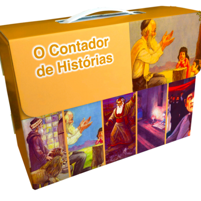 Caixa amarela com o texto 'O Contador de Histórias' e ilustrações de histórias.