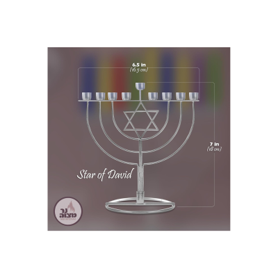 Castiçal menorah prateado com Estrela de David e medidas, texto 'Star of David'