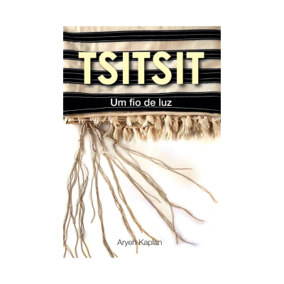 tecido riscado bege e preto com franjas e texto TSITSIT Um fio de luz