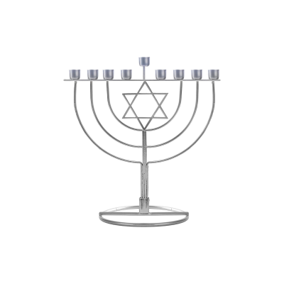 Menorá metálica prateada com sete braços e Estrela de Davi