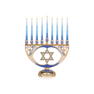 Castiçal de Hanukkah com nove velas azuis e detalhes dourados com Estrela de Davi.