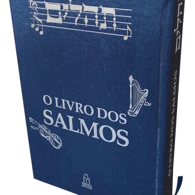 Livro 'O LIVRO DOS SALMOS' capa azul com ilustrações musicais brancas