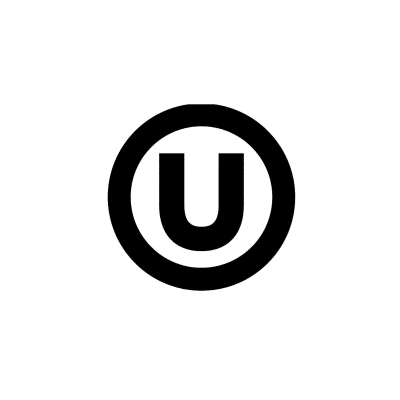 Logótipo circular preto com a letra U maiúscula