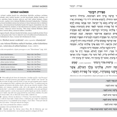 Página de livro com texto em português e hebraico, tabelas e referências numéricas