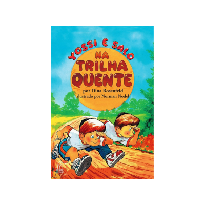 Capa de livro infantil com duas crianças a correr numa trilha quente sob céu azul