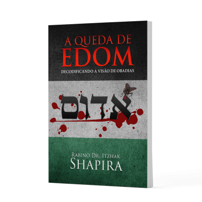 Livro A Queda de Edom com texto em hebraico e manchas vermelhas na capa
