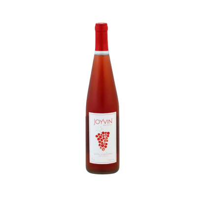 Garrafa de vinho rosé com rótulo branco e tampa vermelha