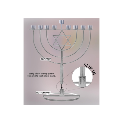 Candelabro Menorah metálico prateado com sete braços e suporte circular base