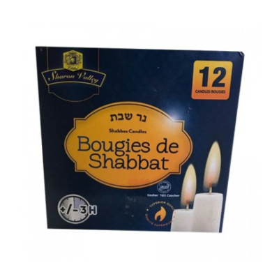 Caixa de velas para Shabbos com 12 unidades, texto em hebraico e francês, selo Kosher e imagem de velas acesas