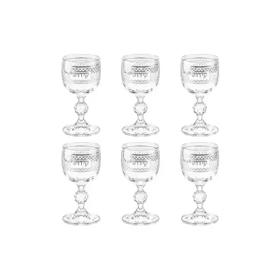 Seis copos de vidro transparentes com padrão decorativo e texto em hebraico