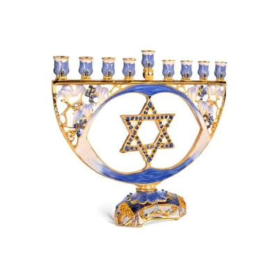Menorá decorativa dourada e azul com Estrela de Davi central