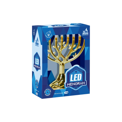 Candelabro menorá dourado LED em embalagem azul com texto LED MENORAH