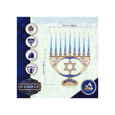 Menorá decorativa azul e dourada com 9 velas acesas e Estrela de Davi