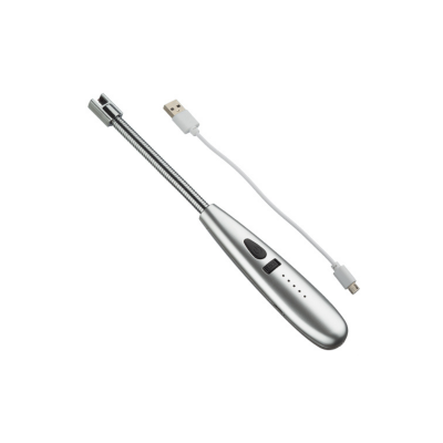 Isqueiro elétrico recarregável prateado com cabo USB branco