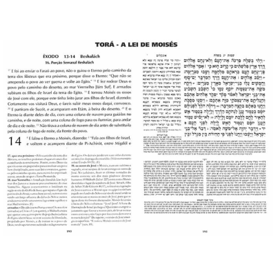 Página de livro com texto bíblico em português e hebraico, título 'TORÁ - A LEI DE MOISÉS'