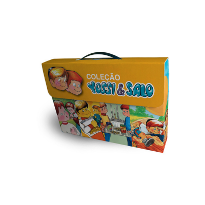 Mala amarela e azul com personagens de banda desenhada e texto Coleção Yossi & Salo