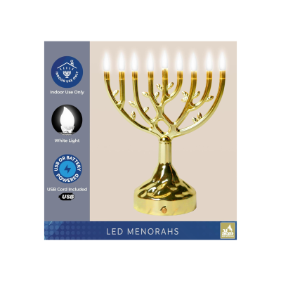 Menorá LED dourada com sete braços acesos embalada