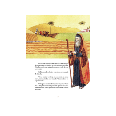 Ilustração de homem idoso com túnica, cajado e campo rural ao fundo em página de livro