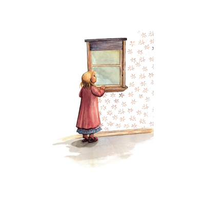 Menina de vestido vermelho a olhar pela janela em parede com padrão floral