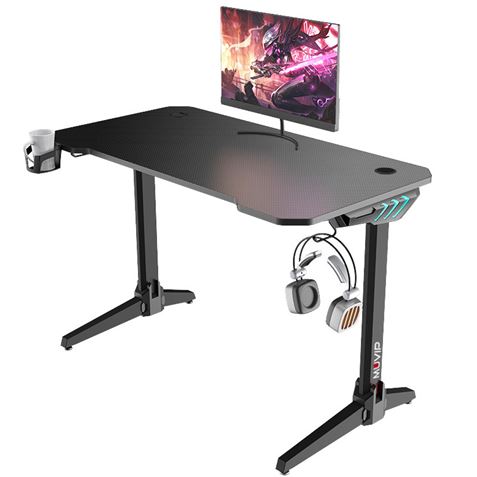 Muvip | Mesa Gaming Muvip PRO500 Fibra de Carbono Mesa de gaming preta com suporte para monitor, copo e auscultadores com LEDs azuis