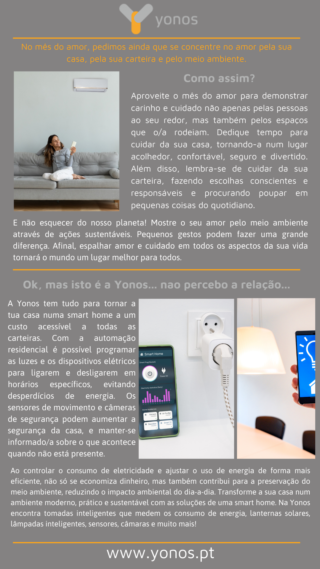 Folheto Yonos com imagem de pessoa no sofá e dispositivo de automação ligado a tomada, texto sobre automação residencial e economia energética.