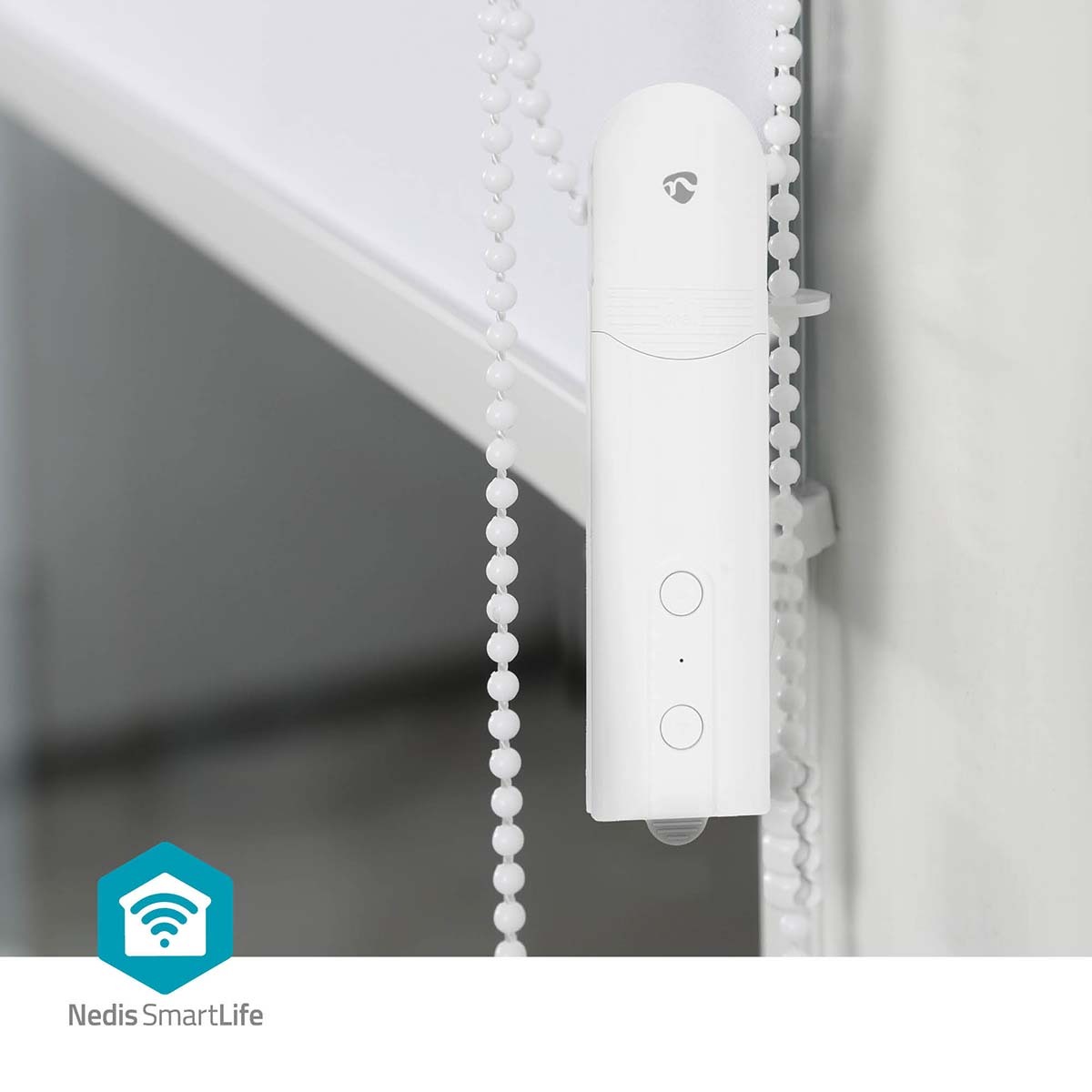 SmartLife Curtain Robot Nedis| Cortinas de painel / Estores de enrolar / Estores romanos | Alimentado pela rede eléctrica / Alimentado por energia solar | 2000 mAh | Bluetooth® | Branco Dispositivo branco para controlo de estores com duas rodas de contas e botões