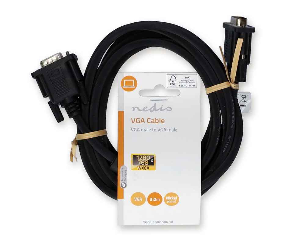 Nedis - VGA macho | Niquelado | Resolução máxima: 1280x768 | 3,00 m | Redondo | ABS | Preto | Etiqueta Cabo VGA preto Nedis com embalagem branca e detalhes laranja