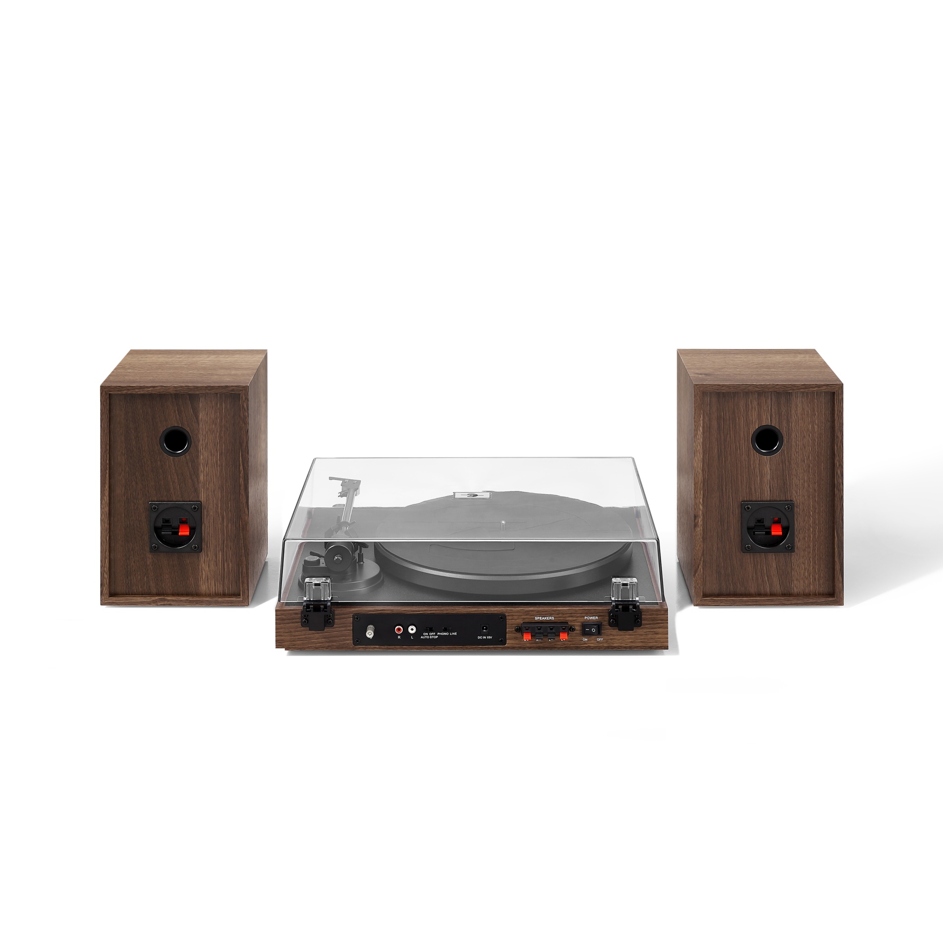 Crosley | Gira-discos Crosley C72 Walnut Conjunto de gira-discos com colunas de madeira castanha e tampa transparente