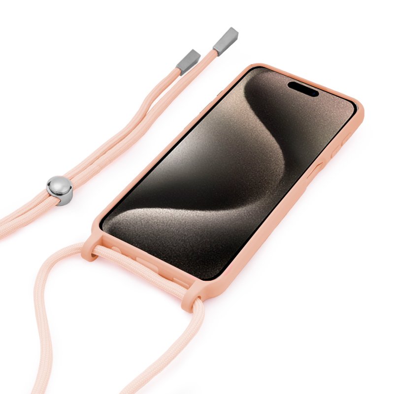 Cool | Capa Protetora para iPhone 15 Pro Max Cordão Rosa Liso Capa de telemóvel rosa com cordão ajustável e ecrã preto com brilho