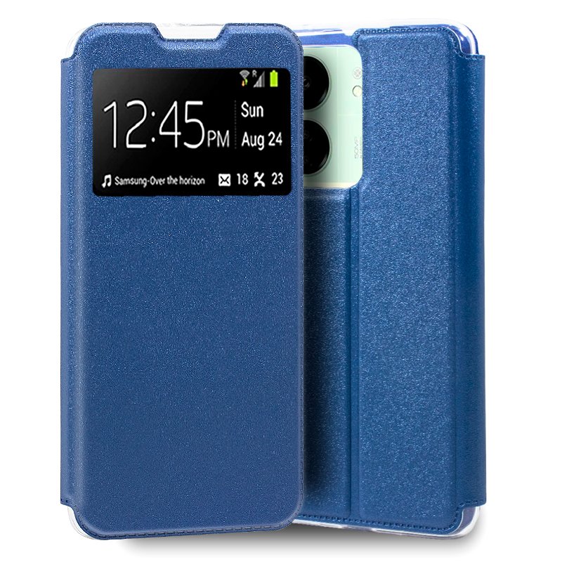 COOL | Capa Flip Cover para Xiaomi Redmi 13C / Poco C65 Liso Azul Capa protetora azul para telemóvel com visor transparente e ecrã digital visível