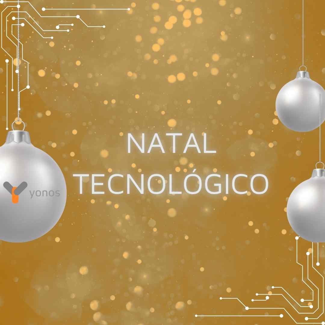 Imagem de bolas de Natal prateadas com fundo dourado e texto 'NATAL TECNOLÓGICO'