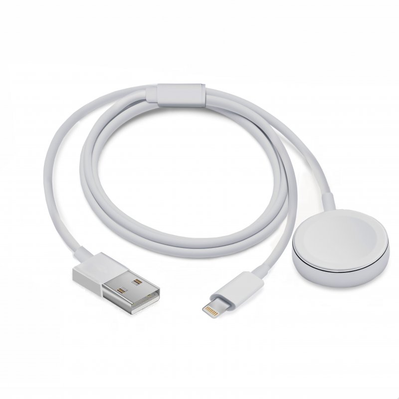 Cool | Cabo USB Magnético para Apple Watch + Cabo Lightning para iPhone / iPad (2 em 1) Cabo de carregamento branco com USB-A, Lightning e carregador circular