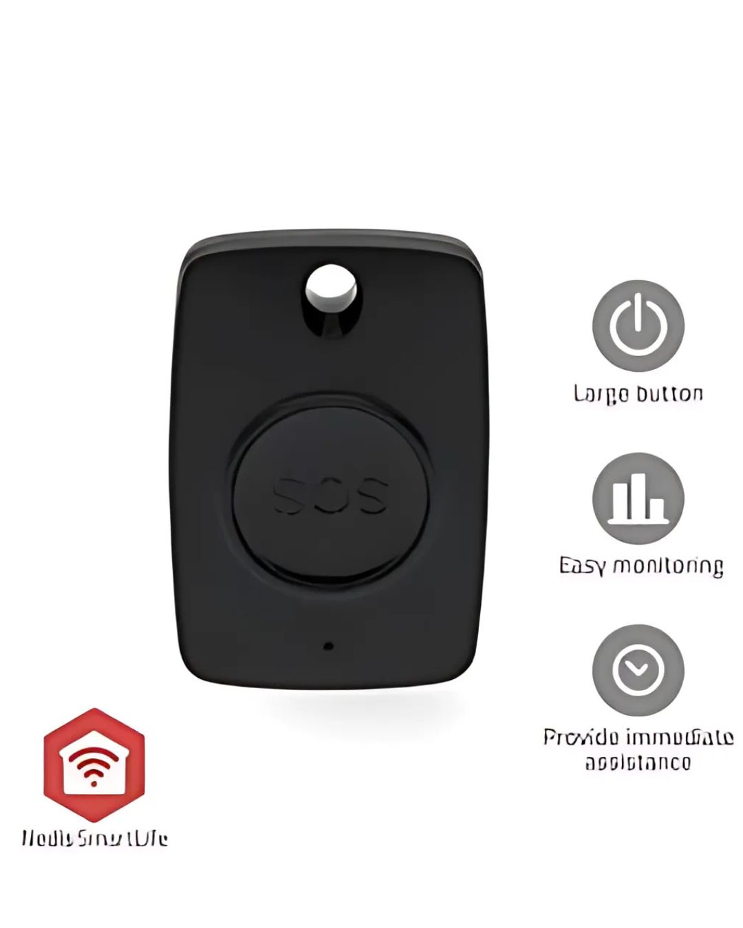 Botão de Panico Smart da Nedis Dispositivo preto com botão SOS e ícones explicativos ao lado