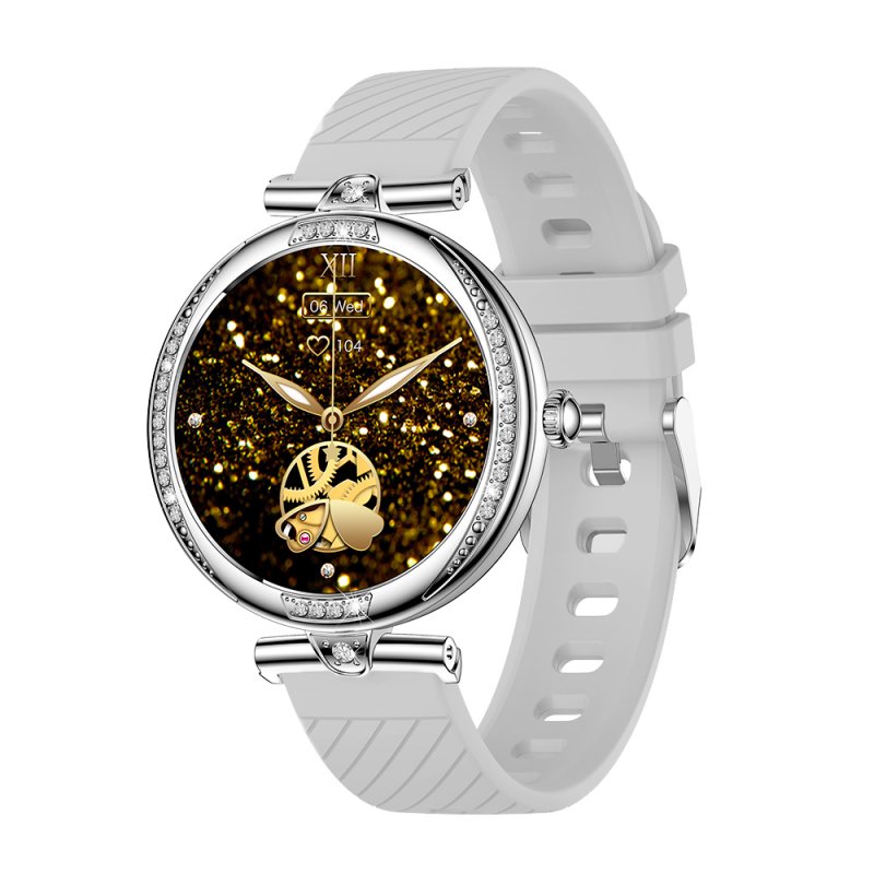 Smartwatch COOL Mónaco + 2 Correias (AMOLED, Chamadas, Esporte, Saúde) Cinza Relógio feminino com bracelete branca e mostrador dourado brilhante com pedras