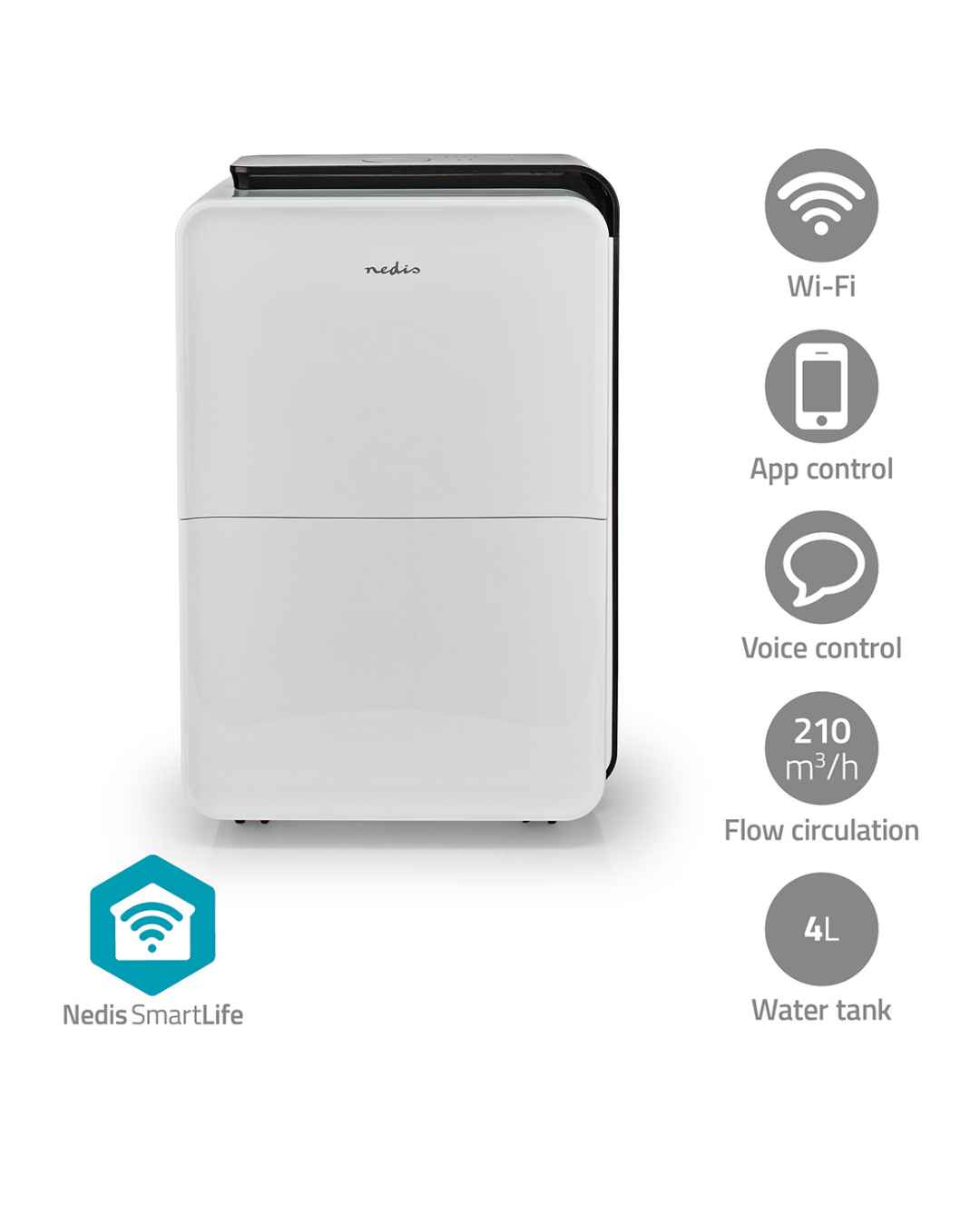 Desumidificador SmartLife Wi-Fi Nedis | 30 l/dia | Desumidificação / Contínuo / Máx.+ / Secagem de roupa / Ventilação | Desumidificador branco Nedis com controlo Wi-Fi e app